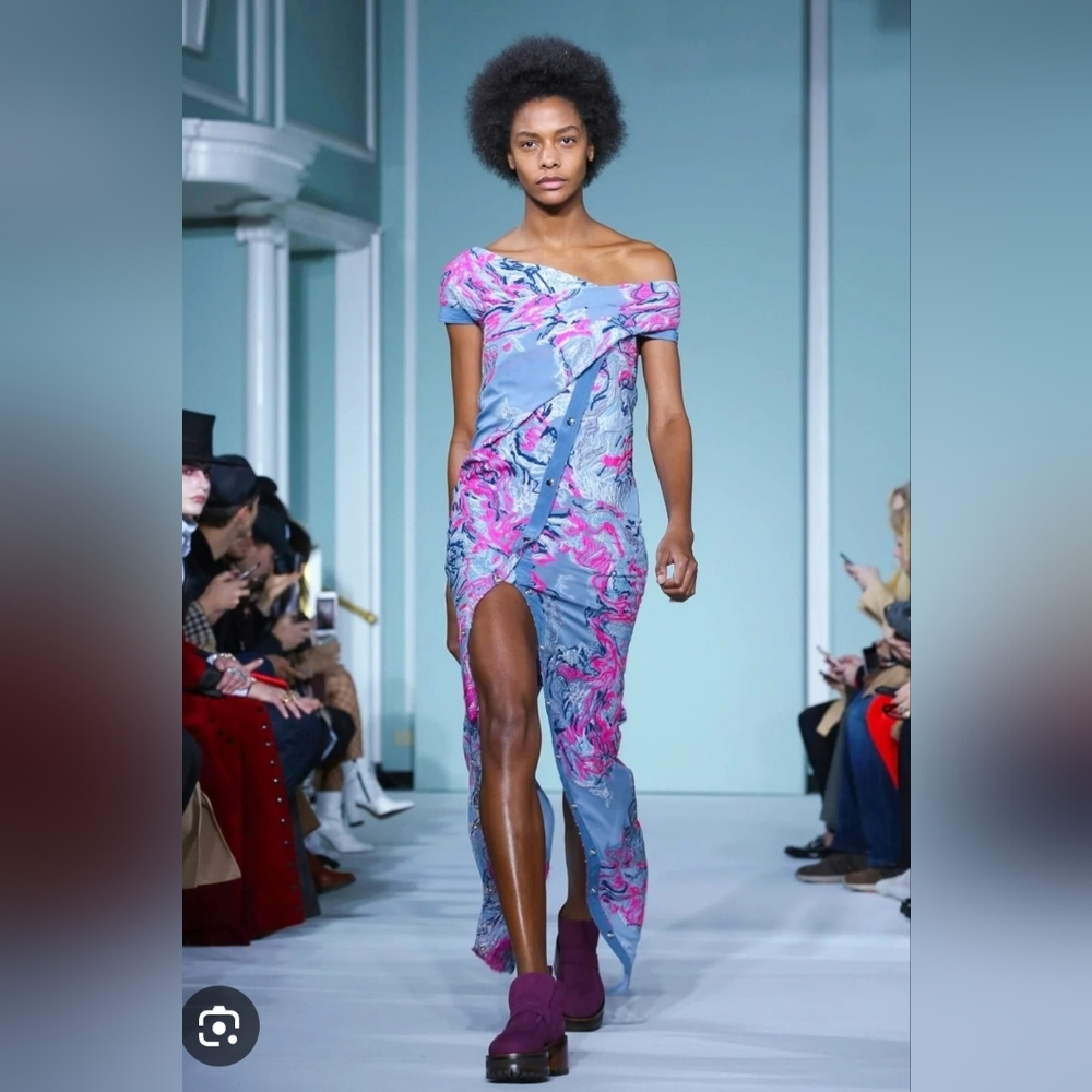 Sies Marjan Off Shoulder Embroidered Dress Blue Pink Silk Blend Slit Size 0